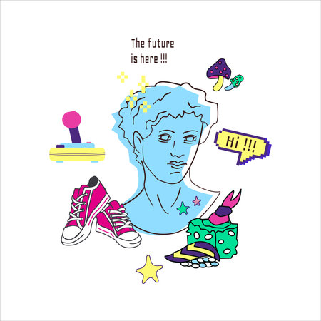 Y2k and old pc aesthetic Greek statue. Fun print with ancient sculpture male head and pixel art . Graphic in 80s style.のイラスト素材