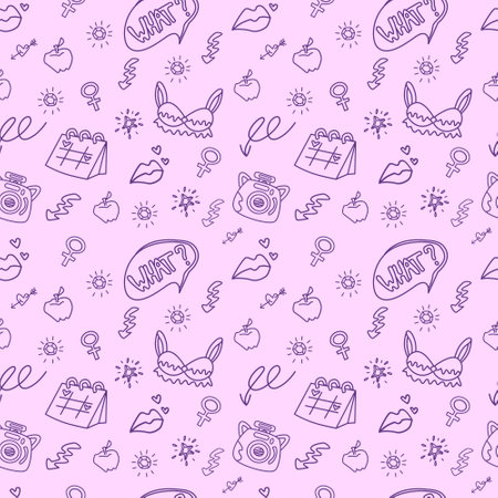 2000s emo girl kawaii style seamless pattern texture background with elements like underwear, lips, arrow, speech balloon and diamond Doodle design for textile graphics, wallpapersのイラスト素材