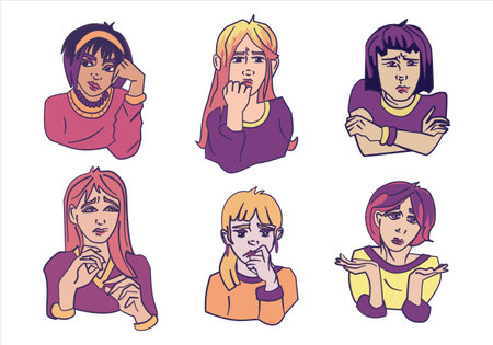 Collection Portrait of people with negative emotion expression. Sad, unhappy, crying, shocked, disappointed, displeased. Cartoon vector illustrationのイラスト素材