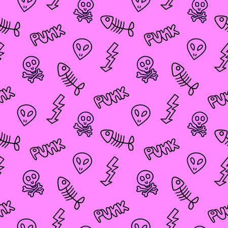2000s emo girl kawaii style seamless pattern texture background with elements like punk text, alien, skull and bones, fish bone, lightning Doodle design for textile graphics, wallpapersのイラスト素材