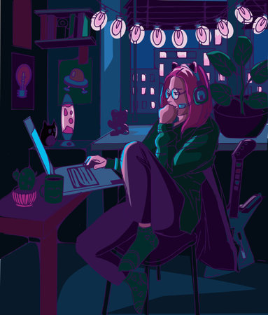 Game streaming concept illustration Pink hair Girl game streamer play video game online Flat concept illustrationのイラスト素材