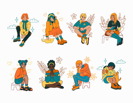 People are sitting on grass or chairs Young women sit in different poses on chairs turned from different sides. Vector setのイラスト素材