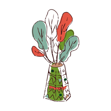 Small ficus Indoor plants isolated colorful hand draw illustration on white background Potted houseplantsのイラスト素材