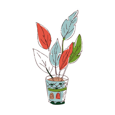 Indoor plants isolated colorful hand draw illustration on white background Ficus Potted houseplantsのイラスト素材