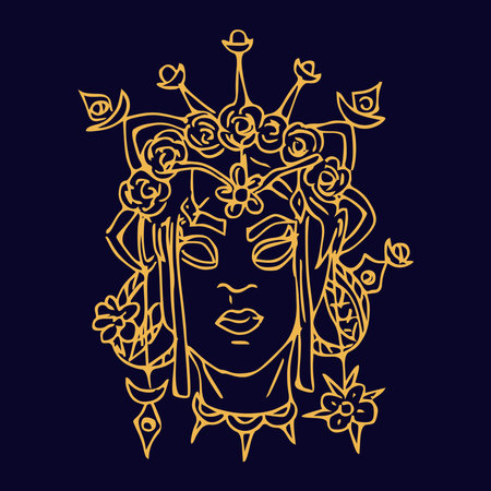 Mystery girl witn crown and flowers Hand draw boho fantasy portrait for poster or t-shirtのイラスト素材