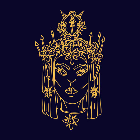 Mystery girl with magic amulets Hand draw boho fantasy portrait for poster or t-shirtのイラスト素材