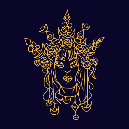 Mystery girl with flower crown Hand draw boho fantasy portrait for poster or t-shirtのイラスト素材