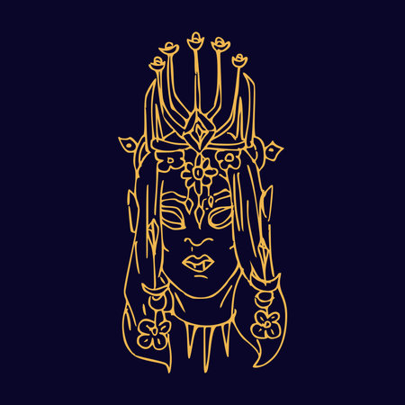 Mystery girl with big magic crown Hand draw boho fantasy portrait for poster or t-shirtのイラスト素材
