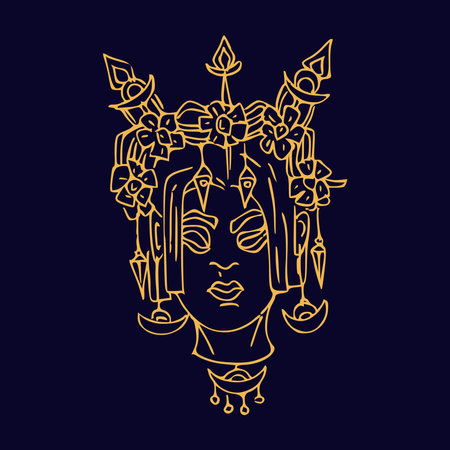 Mystery girl with moon amulets Hand draw boho fantasy portrait for poster or t-shirtのイラスト素材