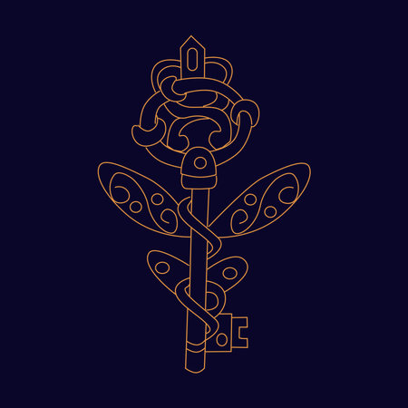 Magic golden key with wings Hand draw boho fantasy art for poster or t-shirtのイラスト素材