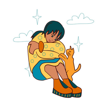 Young girl sitting on grass and play with cat. Cartoon vector artのイラスト素材