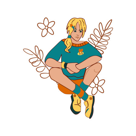 A girl with blond hair in a T-shirt with a bee and shorts sits on the grass Cartoon vector artのイラスト素材
