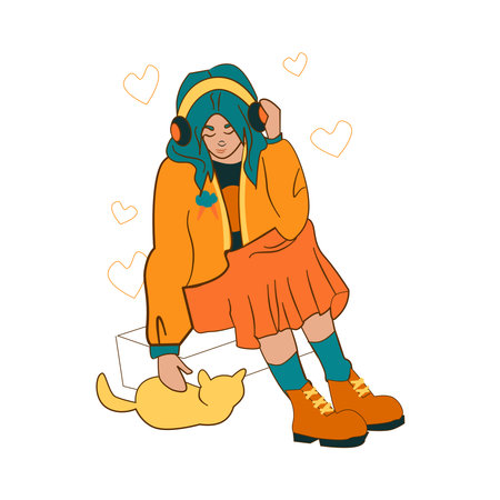 A blue-haired girl in big headphones sits on a bench and plays with a ginger cat Cartoon vector artのイラスト素材