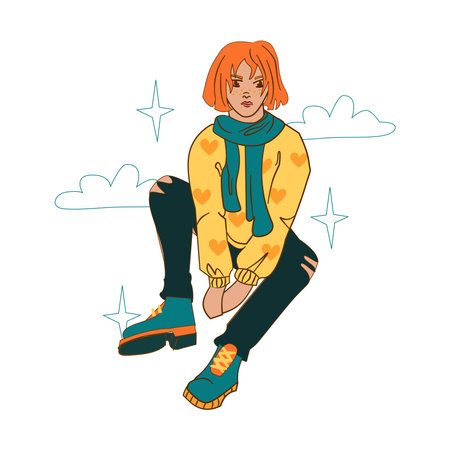 Red-haired pensive girl in a yellow sweater with hearts against the background of clouds Cartoon vector artのイラスト素材