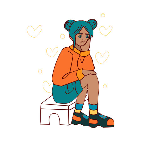 A blue-haired pensive girl in a sweatshirt shorts and colored socks sits on a bench Cartoon vector artのイラスト素材