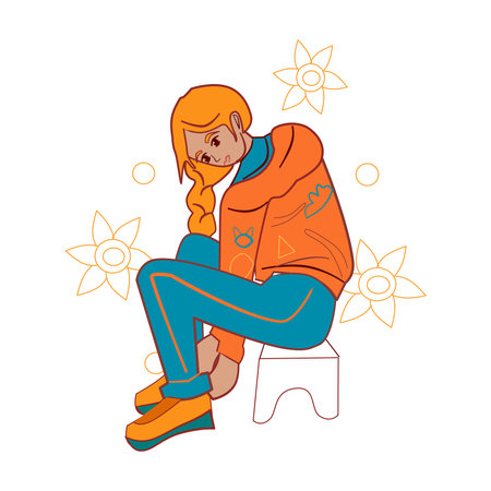 Dreamy red-haired girl with a braid sits on a bench Cartoon vector artのイラスト素材