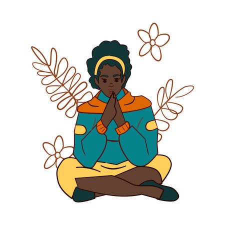 Girl sitting in lotus position with folded hands Cartoon artのイラスト素材