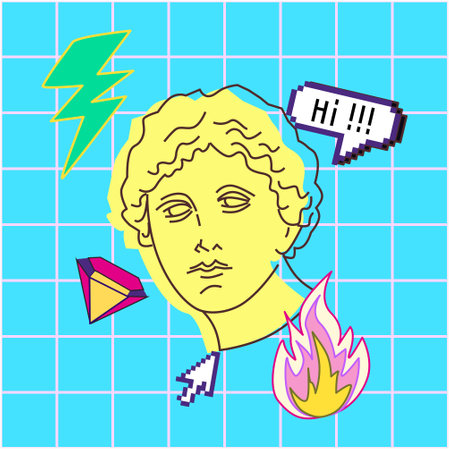 Y2k and old pc aesthetic Greek female statue head. Fun Concept with ancient sculpture and pixel art on retro background. Graphic in 90s style.のイラスト素材