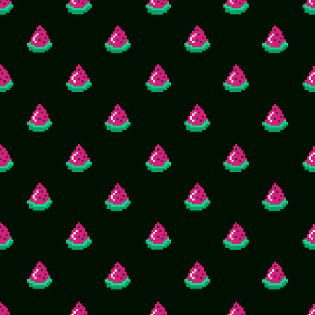 Y2K old computer style pixel pattern Piece of watermelon on black backgroundのイラスト素材