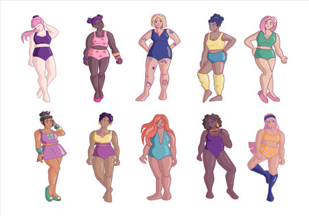 Body-positive women collection. Vector illustration of pretty women of diverse ethnicities, and body types, in underwearのイラスト素材