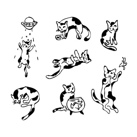 Cute cat ink doodle set, funny vector illustration. Hand drawn sketch style.のイラスト素材