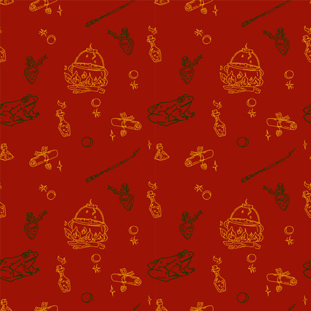 Magic items seamless pattern in hand draw style on rad background. School of Magic. Wand, cauldron, frog, poison, scroll.のイラスト素材