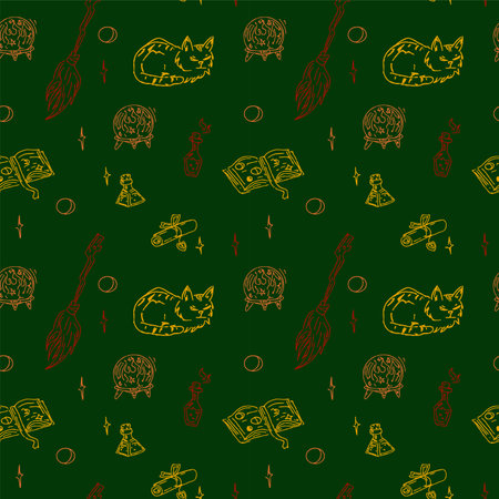 Magic items seamless pattern in hand draw style on green background. School of witchcraft. Broom, cat, book, poison, fortune ball.のイラスト素材