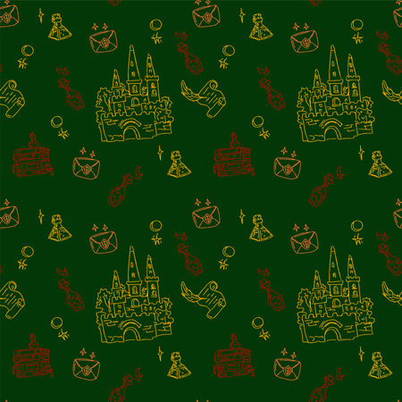Magic items seamless pattern in hand draw style on green background. School of witchcraft. Castle, letter. poison, scroll.のイラスト素材
