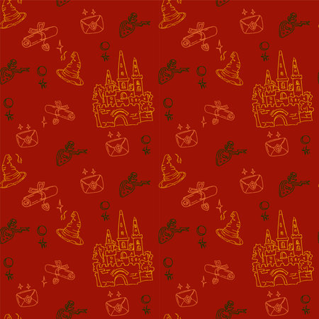 Magic items seamless pattern in hand draw style. School of witchcraft. Castle, letter. hat, moon, poison, scroll.のイラスト素材