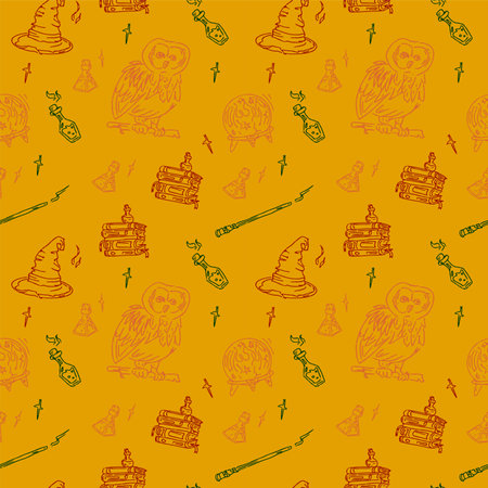 Magic items seamless pattern in hand draw style. School of witchcraft. Owl, fortune ball, hat, wand, book, poison.のイラスト素材