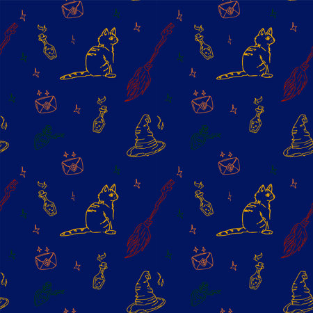 Magic items seamless pattern in hand draw style on blue background. School of witchcraft. Broom, cat, letter, poison.のイラスト素材