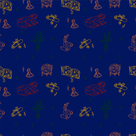 Magic items seamless pattern in hand draw style on blue background. School of witchcraft. Mandrake, poison, spell book, scroll, frog.のイラスト素材