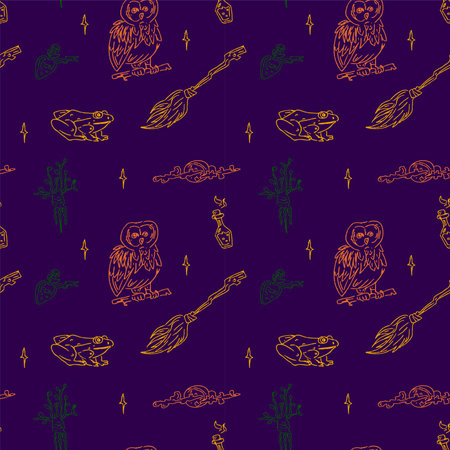 Magic items seamless pattern in hand draw style on violet background. School of witchcraft. Owl, moon, broom, mandrake, frog, poison.のイラスト素材