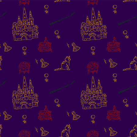 Magic items seamless pattern in hand draw style on violet background. School of witchcraft. Castle, cat, books, poison, moon.のイラスト素材