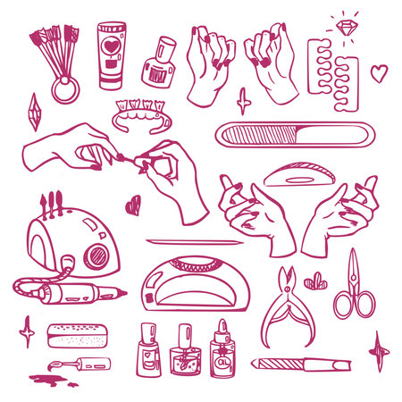 Vector set of hand drawn doodles on the theme of manicure on white background. Sketches for use in design. Hand, nail file, oil, manicure machine, scissors, palette, polishのイラスト素材