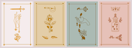 Set of esoteric posters. Hand with amulet, golden sword, mystic flower, branches, key with wings, druid sickle, Hand holding an apple, poison with stars Boho style vector outline illustration.のイラスト素材