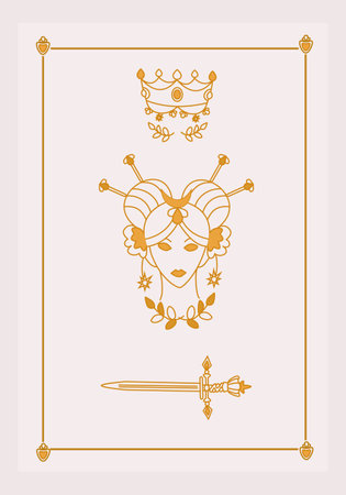 Esoteric poster Girl with magical amulets, crown and branches, golden sword on white background Boho style vector outline illustration.のイラスト素材