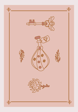 Esoteric poster Magical poison with stars, mystic prickly flower, golden key with wings on pink background Boho style vector outline illustration.のイラスト素材
