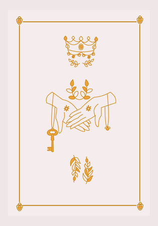 Esoteric poster Two hands hold key, branches and crown on white background Boho style vector outline illustration.のイラスト素材