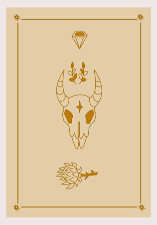 Esoteric poster Skull with horns and branches, mystic prickly flower and diamond on beige background Boho style vector outline illustration.のイラスト素材