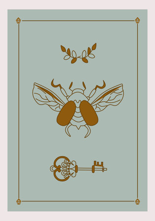 Esoteric poster Flying golden scarab, old magical key and branches on green background Boho style vector outline illustration.のイラスト素材