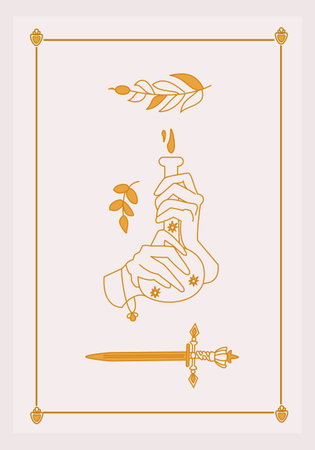 Esoteric poster Two hands holding poison bottle, magic golden sword and branches on white background Boho style vector outline illustration.のイラスト素材