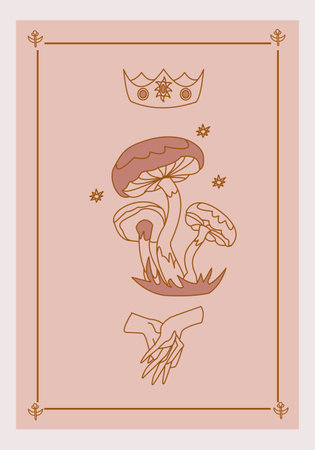 Esoteric poster Magic mushroom and stars, hands with interlaced fingers and crown on pink background Boho style vector outline illustration.のイラスト素材