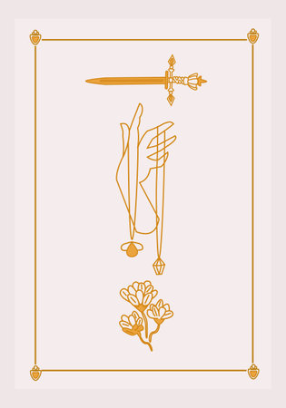 Esoteric poster Hand with amulet and diamond, magic golden sword and mystic flower with three branches on white background Boho style vector outline illustration.のイラスト素材