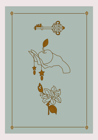 Esoteric poster Hand holding an apple, mystic golden flower and magical fantasy key on green background Boho style vector outline illustration.のイラスト素材