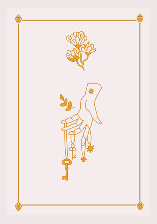 Esoteric poster Hand holding magical amulets and key, mystic flower with three branches on white background Boho style vector outline illustration.のイラスト素材