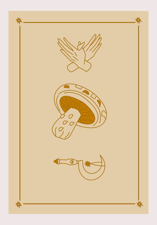 Esoteric poster Magic spotted mushroom, druid sickle and branch, two hands on beige background Boho style vector outline illustration.のイラスト素材