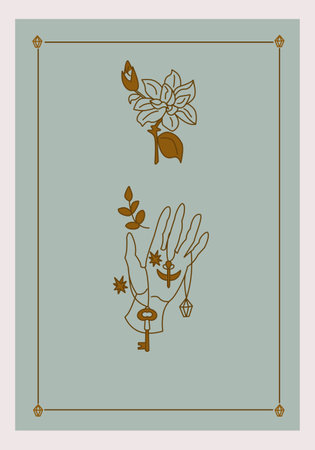 Esoteric poster Hand holding magical amulets, mystic golden flower on green background Boho style vector outline illustration.のイラスト素材