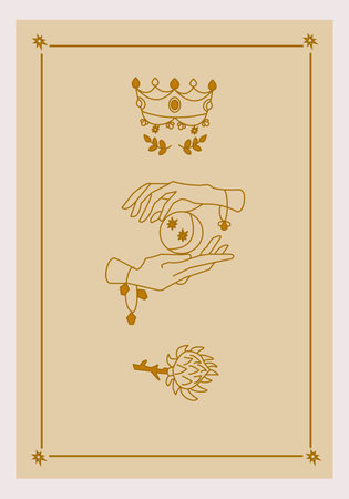 Esoteric poster Protection hands holding moon and stars, mystic prickly flower and crown on beige background. Boho style vector outline illustration.のイラスト素材