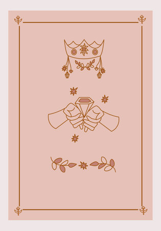 Esoteric poster Two hands holding diamond, crown and branch on pink background Boho style vector outline illustration.のイラスト素材